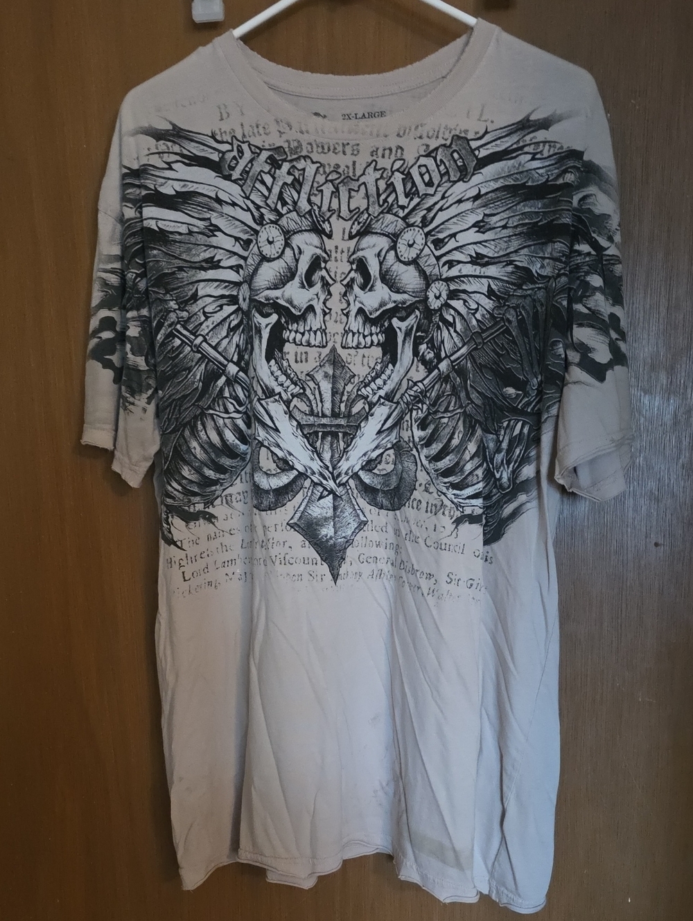 Affliction Beige Tee with Black Skull Wing Graphic